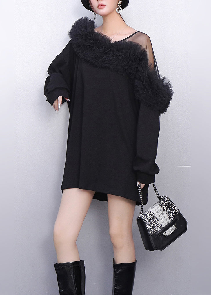 Mesh Shoulder Tulle Ruffle Off Shoulder Sweatshirt Mini Dress 2