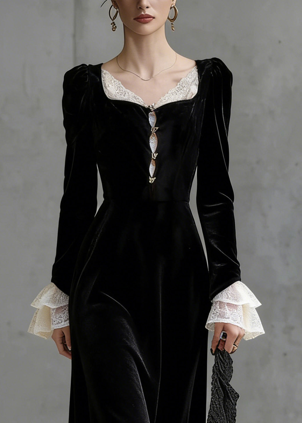 Sweetheart Neck Lace Trim Jewel Button Tiered Ruffle Cuff Velvet Maxi Dress 2