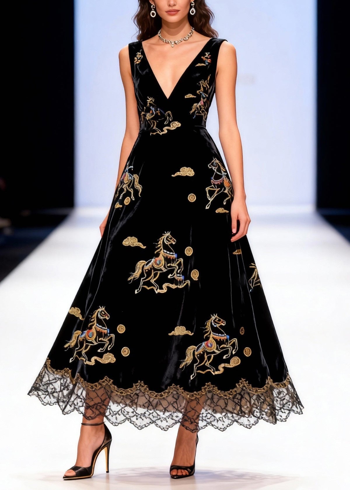 Deep V Neck Horse Embroidery Velvet Lace Hem Sleeveless Maxi Dress