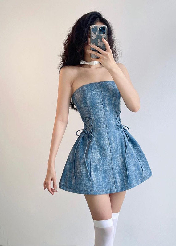 Strapless Lace Up Side Corset Fit Flare Denim Mini Dress