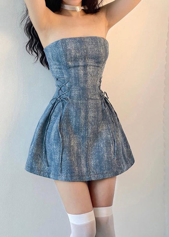 Strapless Lace Up Side Corset Fit Flare Denim Mini Dress 2