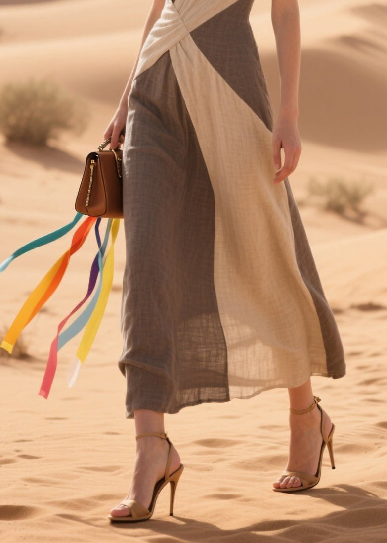 Plunge Neck Sleeveless Twisted Waist Colorblock Linen Maxi Dress 4