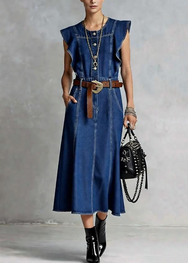 Round Neck Ruffle Shoulder Button Front Panel Denim Midi Dress