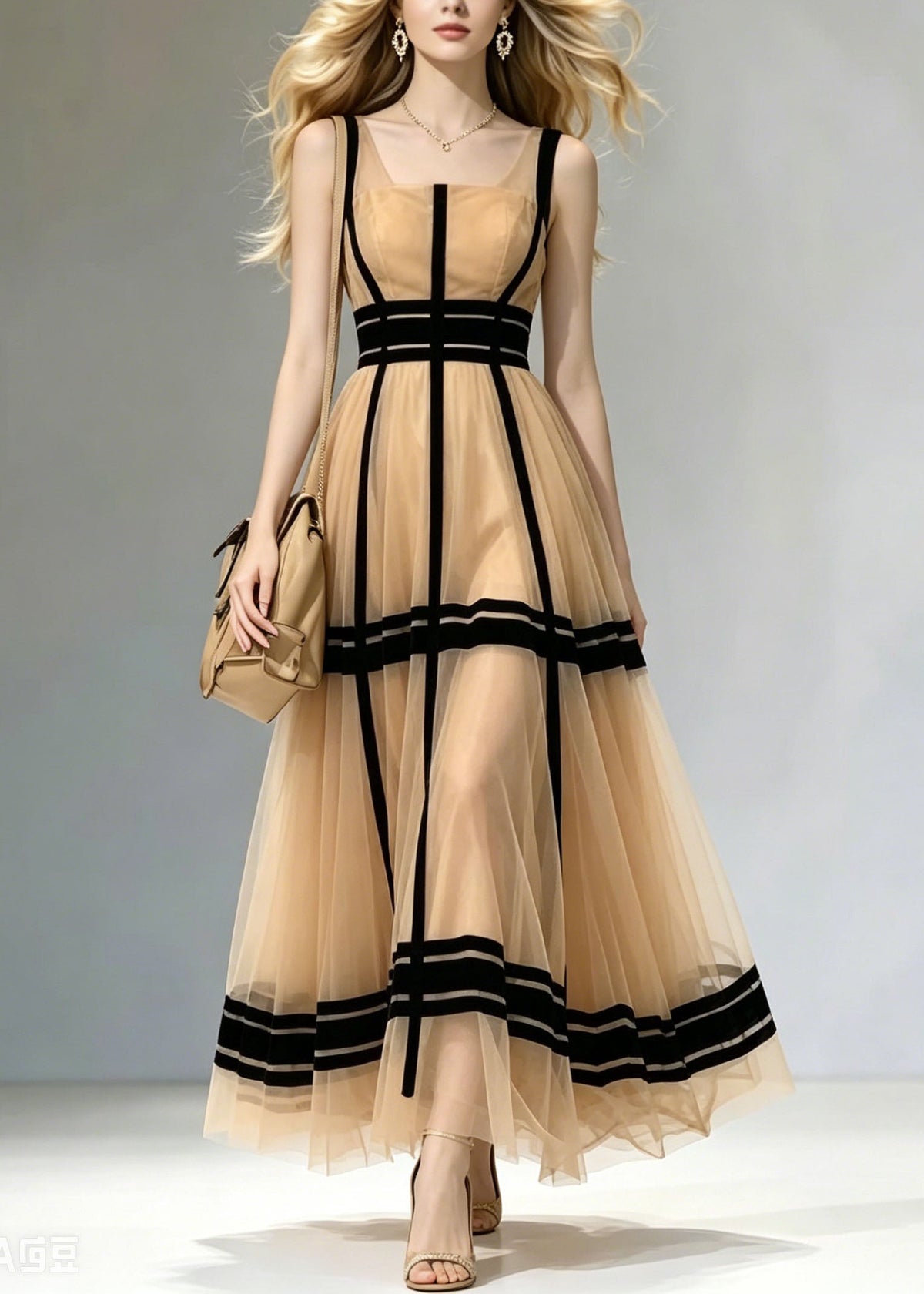 Square Neck Contrast Paneled Sheer Tulle Pleated Floor-Length Gown 3