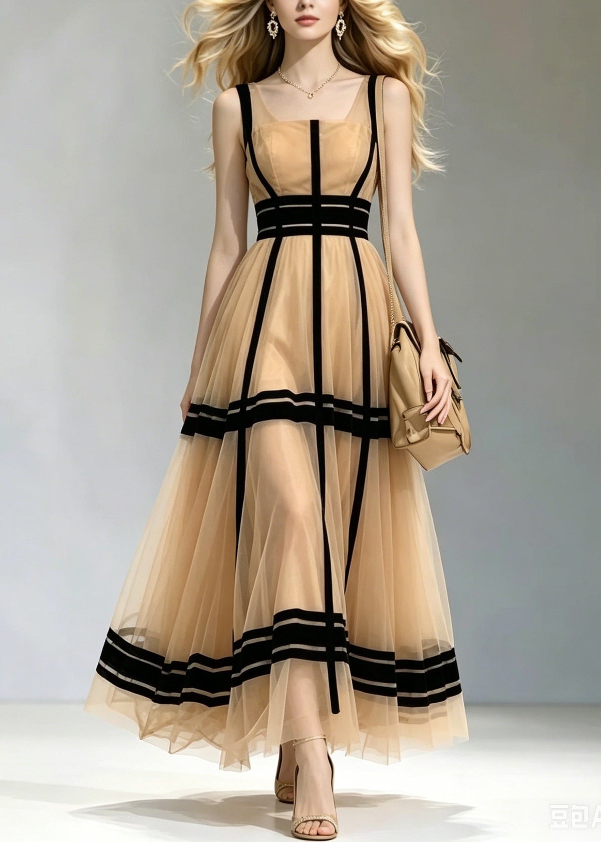 Square Neck Contrast Paneled Sheer Tulle Pleated Floor-Length Gown 5