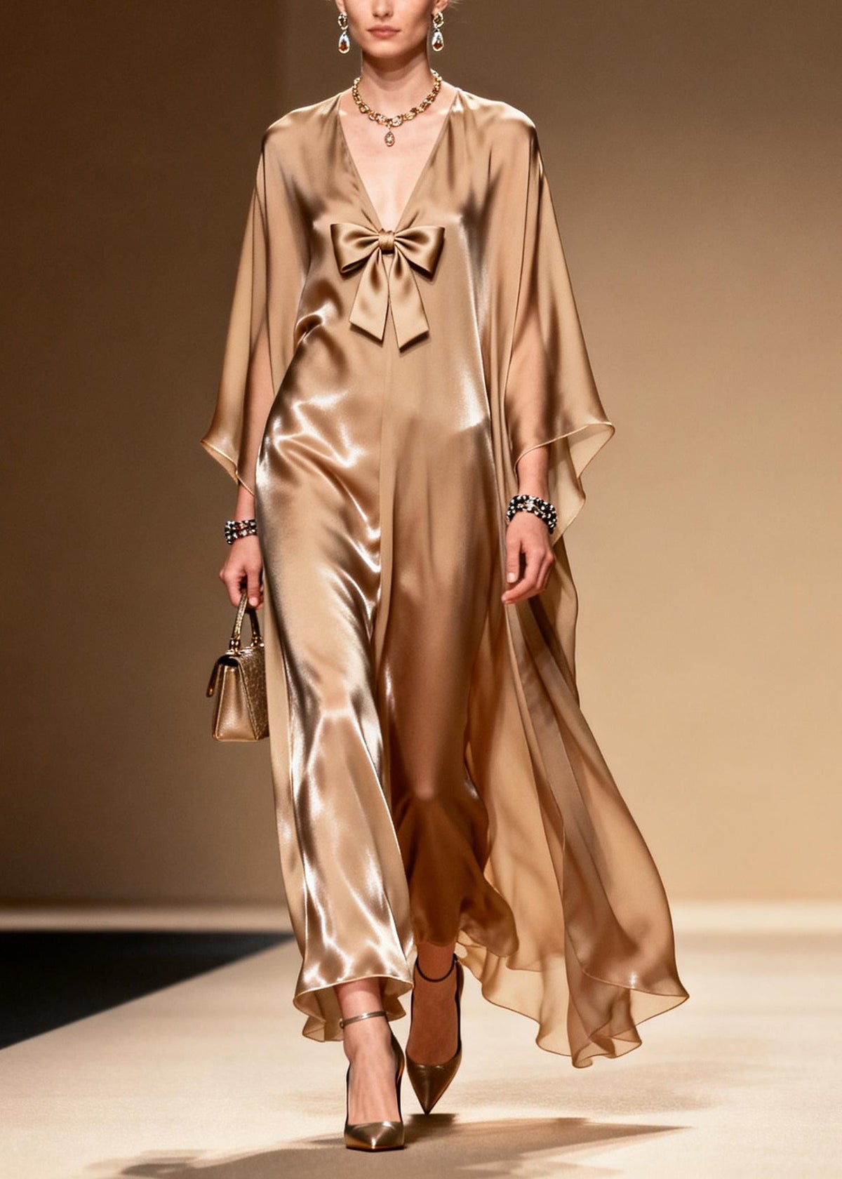 Deep V-Neck Front Bow Kaftan Sleeve Satin Floor Length Gown 3