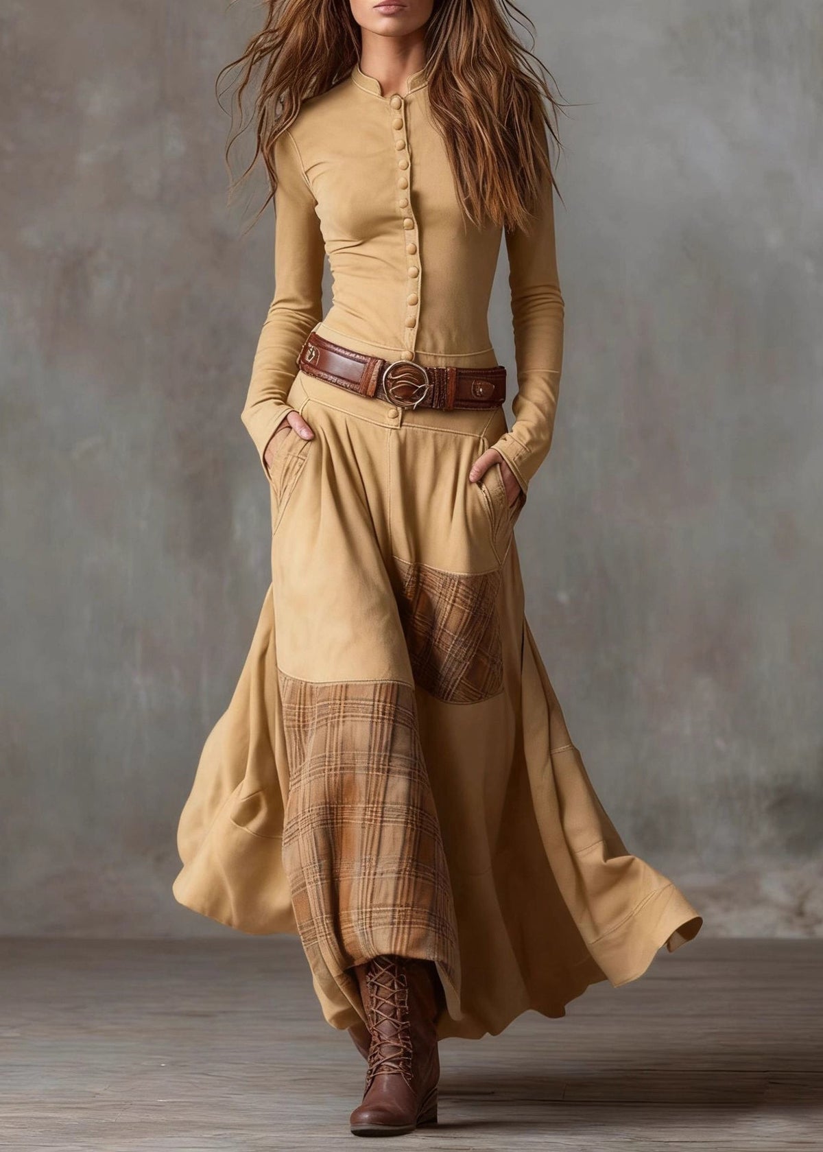 Button Front Stand Collar Patchwork Plaid Panel Maxi Dress 3