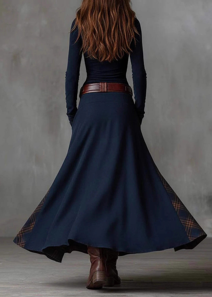 Button Front Stand Collar Patchwork Plaid Panel Maxi Dress 5