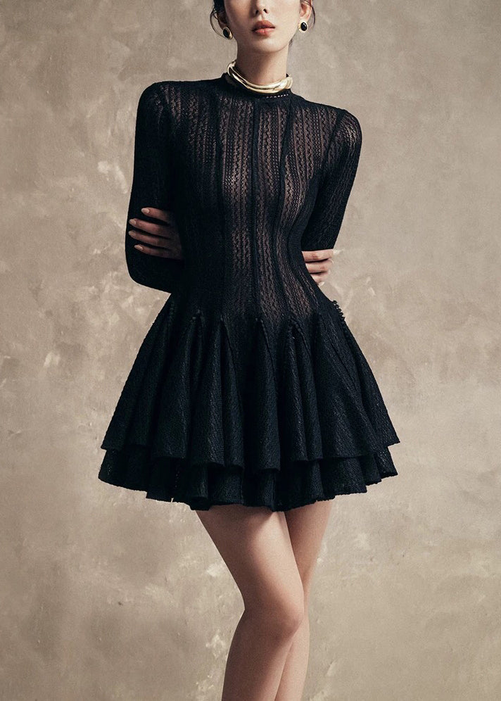 Mock Neck Sheer Lace Vertical Stripe Tiered Ruffle Mini Dress