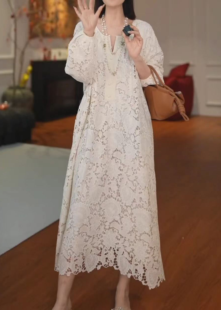 Deep V-Neck Hollow Lace Panel Long Sleeve Maxi Dress 3