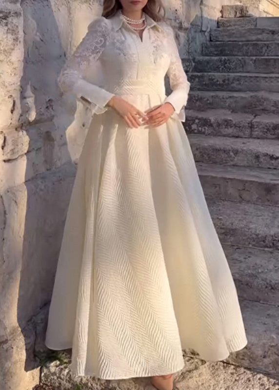 Pointed Collar Lace Sleeve Chevron Pleated Maxi Dress