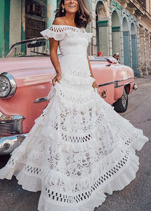 Off Shoulder Ruffled Lace Tiered Eyelet Maxi Dress