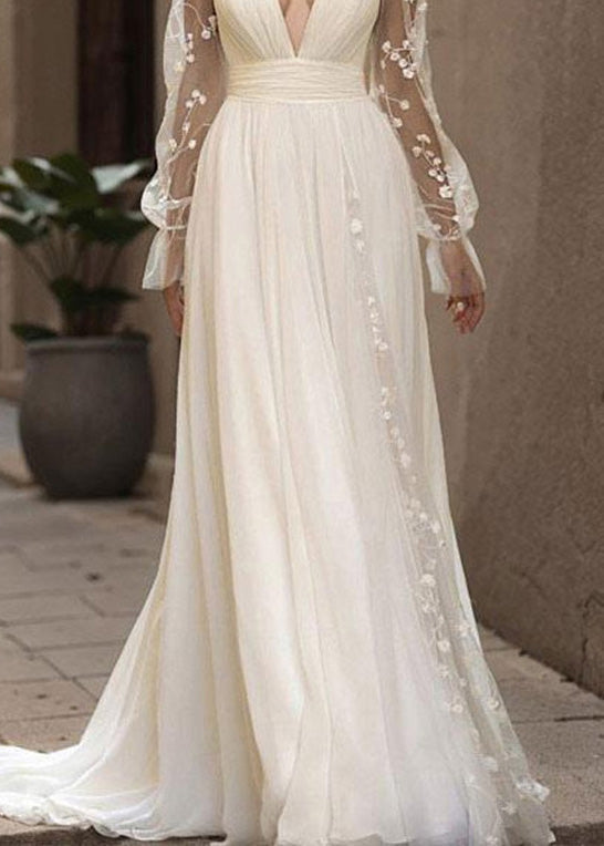 Deep V-Neck Floral Embroidery Mesh Sleeve Band Waist Slit Chiffon Maxi Gown 4