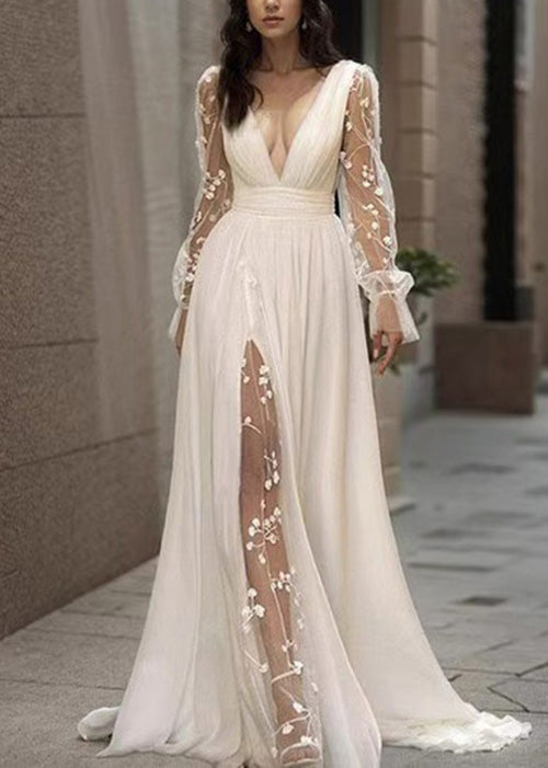 Deep V-Neck Floral Embroidery Mesh Sleeve Band Waist Slit Chiffon Maxi Gown 5