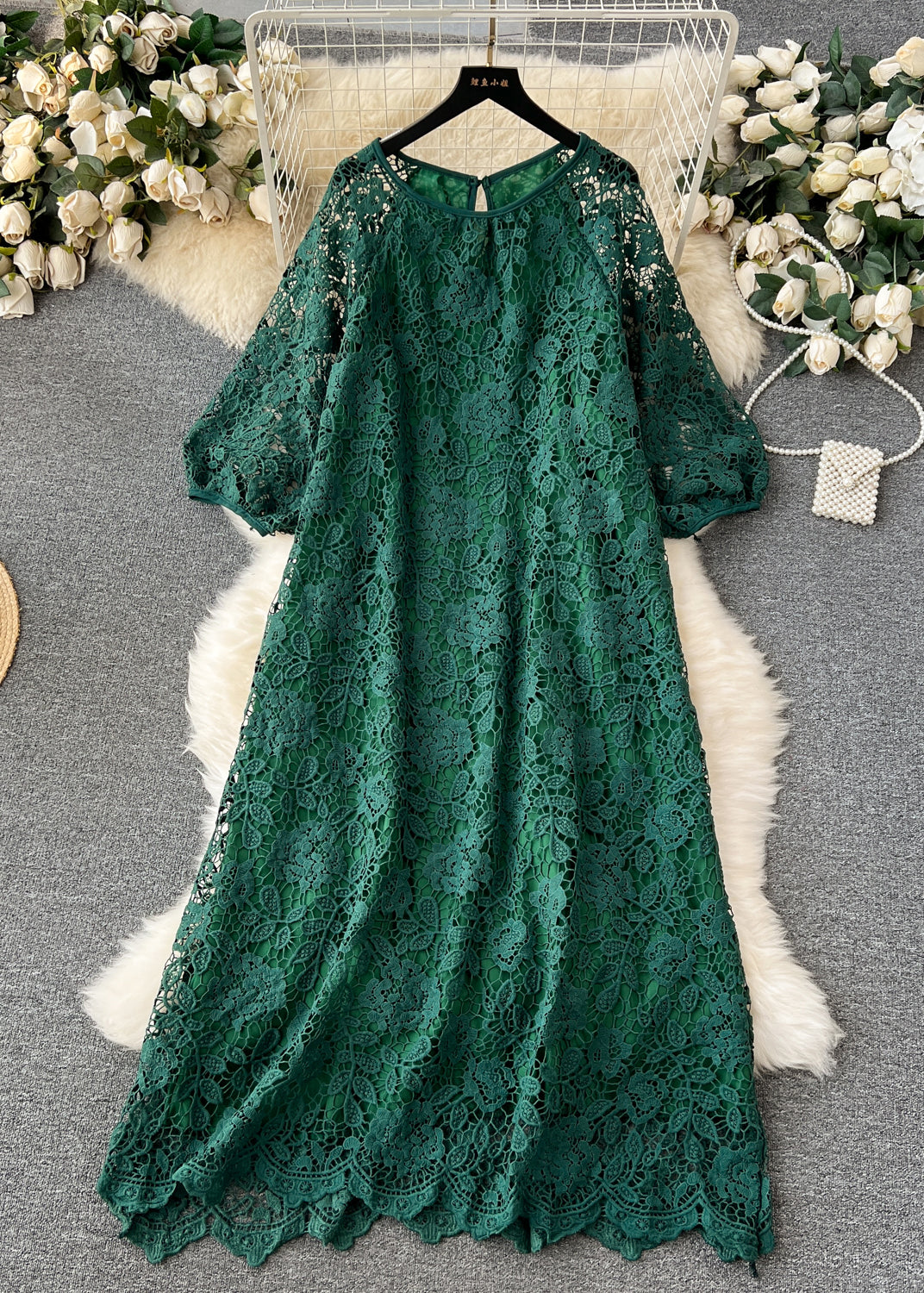 Round Neck Puff Sleeve Floral Lace Scalloped Hem Midi Dress 4