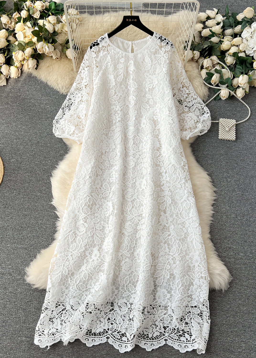Round Neck Puff Sleeve Floral Lace Scalloped Hem Midi Dress 5