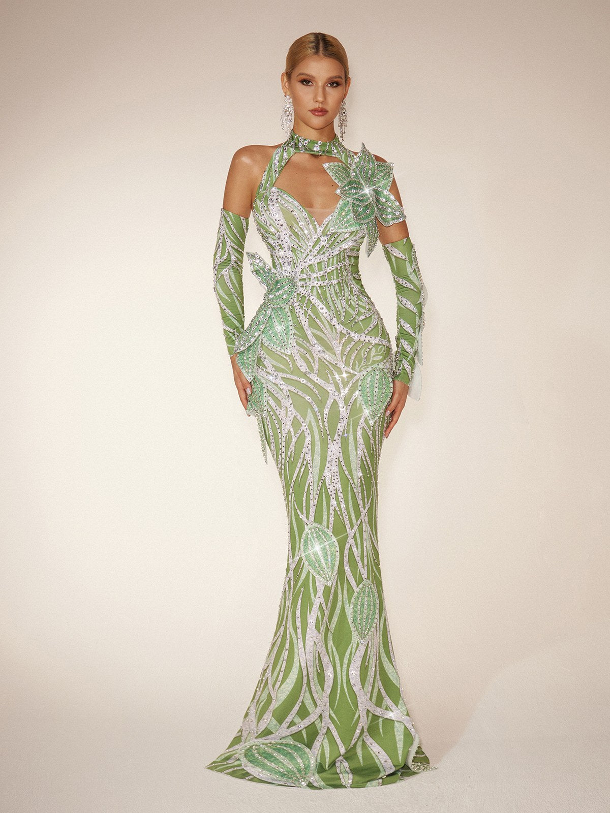 Halter Choker Keyhole Leaf Applique Sequin Mermaid Gown with Gauntlet Sleeves
