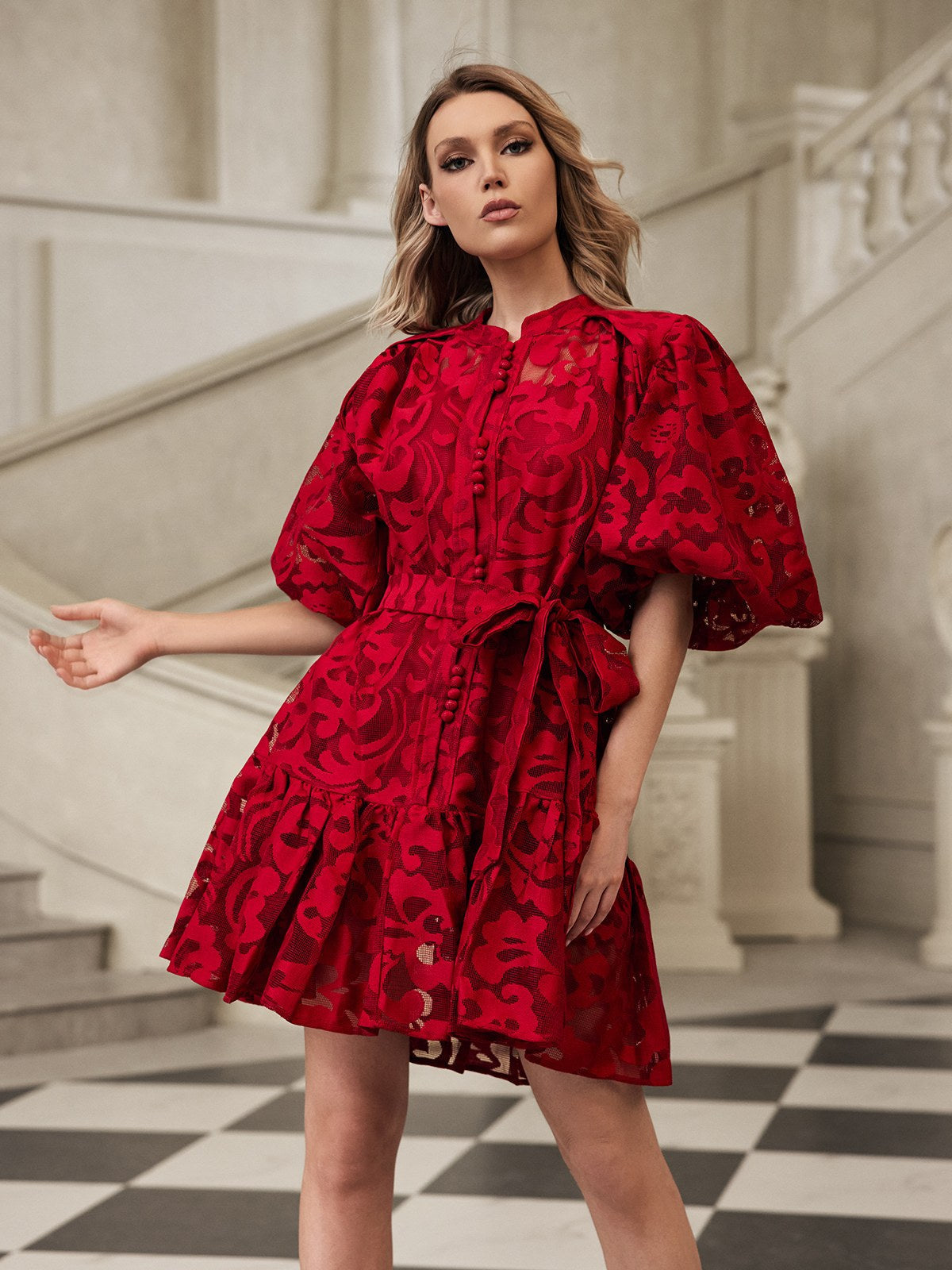 Floral Lace Puff Sleeve Mandarin Collar Button Front Mini Dress