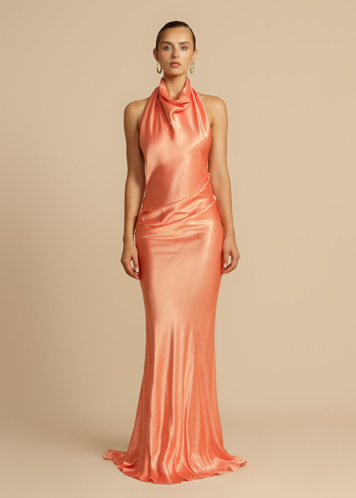 Halter Cowl Neck Draped Gathered Satin Maxi Gown
