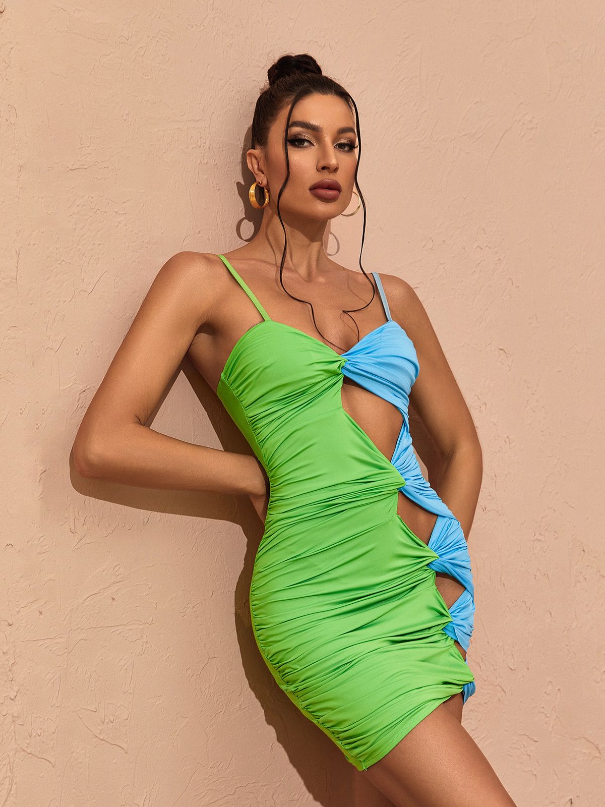 Spaghetti Strap Side Cutout Ruched Bodycon Mini Dress 3