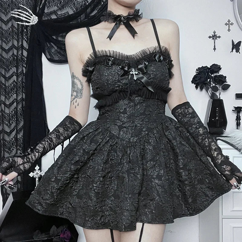 Jacquard Applique Lace Trim Spaghetti Strap A-Line Mini Dress 3