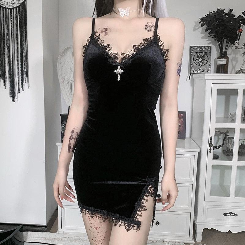 Velvet Deep V Neck Lace Trim Cross Charm High Slit Spaghetti Strap Mini Dress