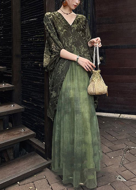 V-Neck Button Kimono Sleeve Paisley Mesh Overlay Maxi Dress