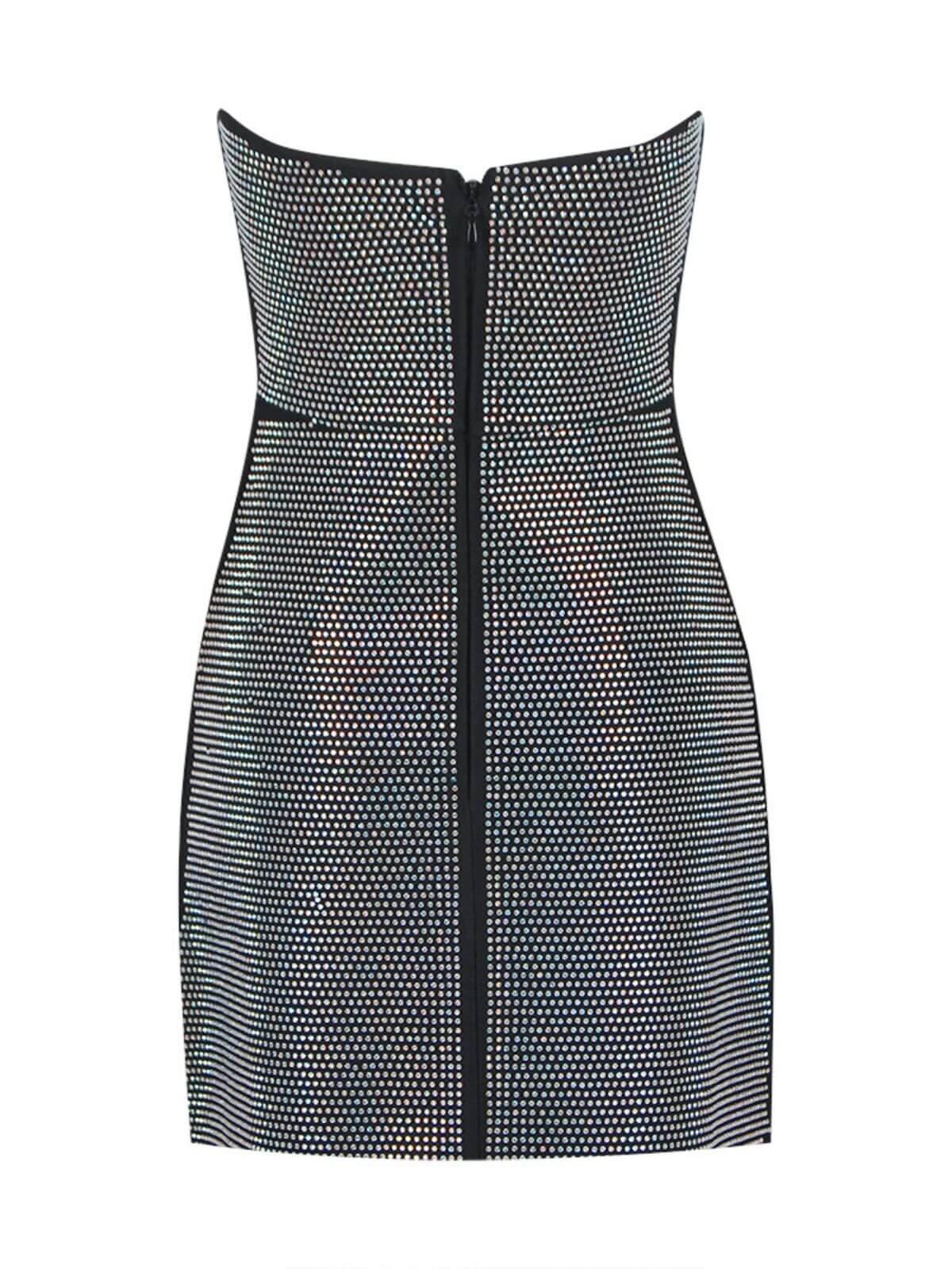 Strapless Diagonal Mesh Panel Rhinestone Bandage Mini Dress 9