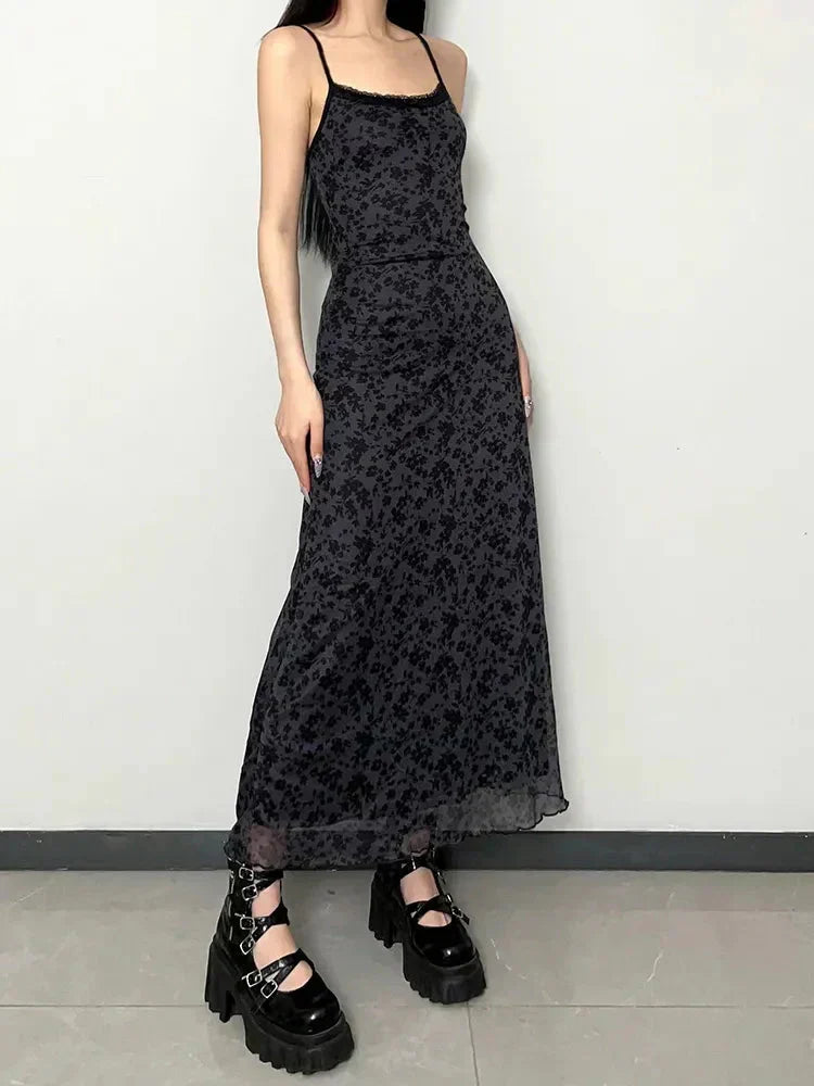 Floral Print Lace Trim Spaghetti Strap Mesh Layered Maxi Dress