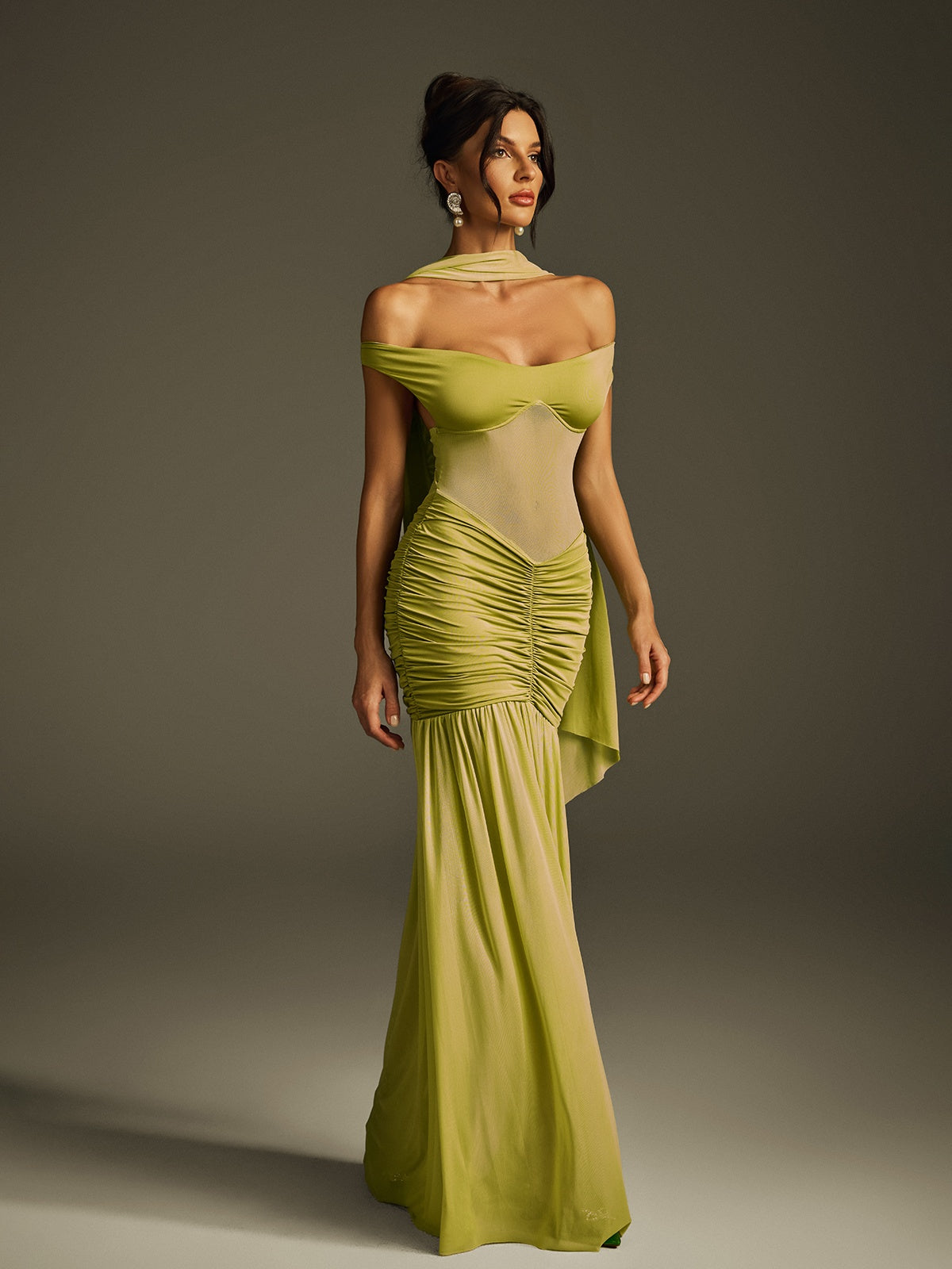 Off Shoulder Sweetheart Sheer Mesh Corset Panel Ruched Scarf High Slit Maxi Gown 3