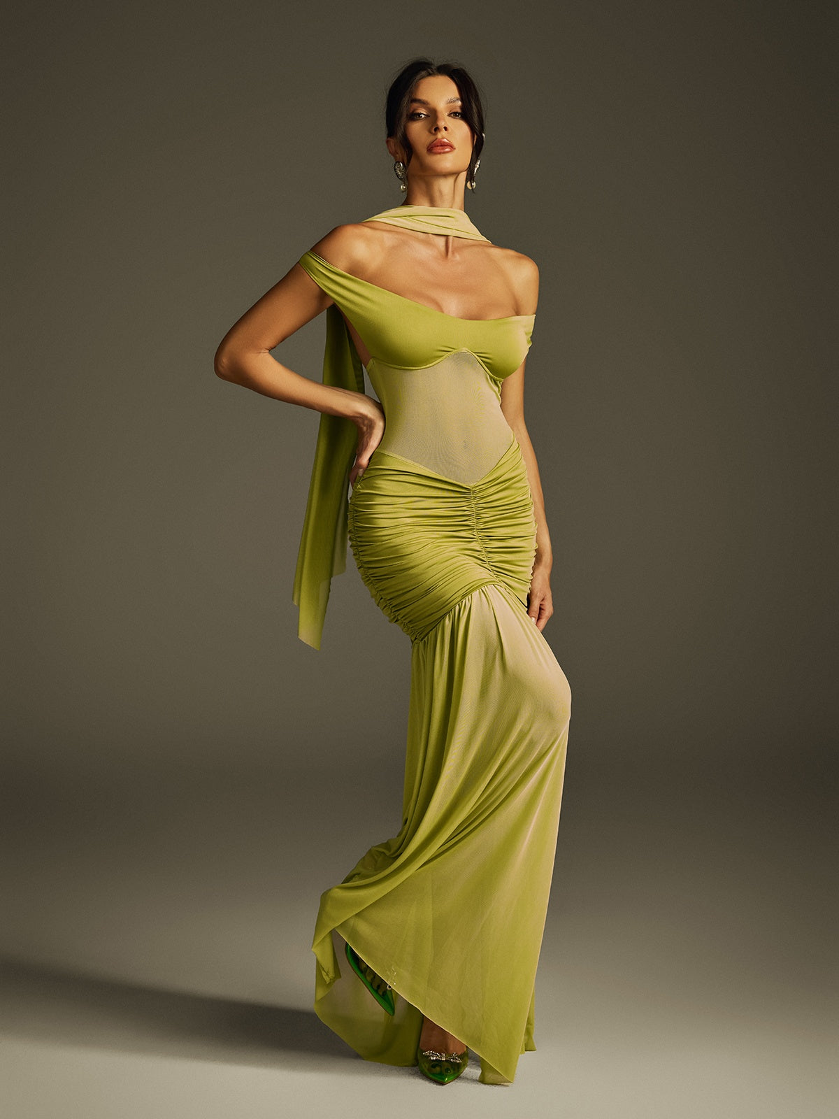 Off Shoulder Sweetheart Sheer Mesh Corset Panel Ruched Scarf High Slit Maxi Gown 4