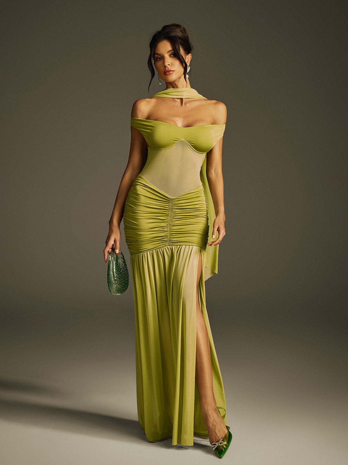 Off Shoulder Sweetheart Sheer Mesh Corset Panel Ruched Scarf High Slit Maxi Gown