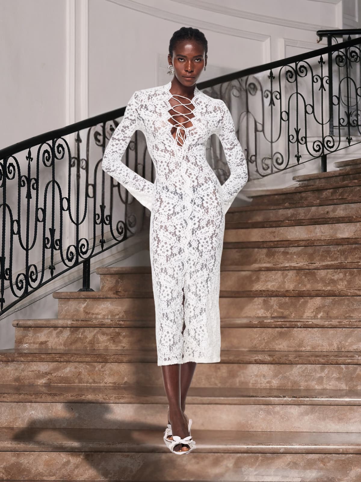 Stand Collar Lace Up Plunge Floral Lace Bell Sleeve Midi Dress