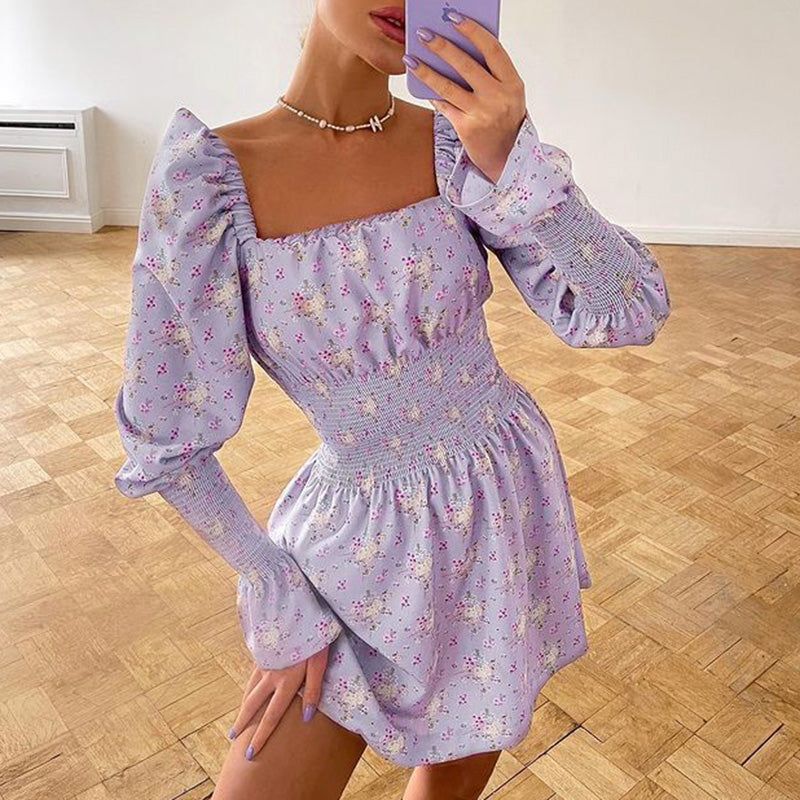 Square Neck Puff Sleeve Smocked Waist Floral Print A-Line Mini Dress 3