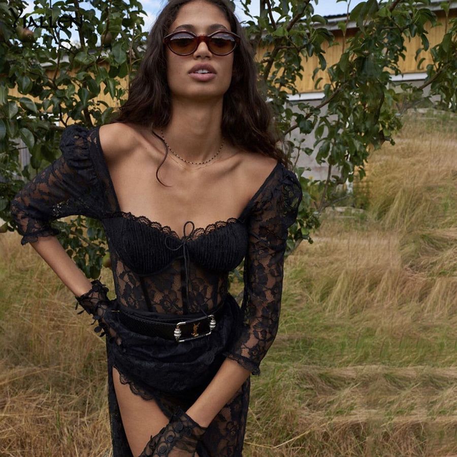 Sweetheart Puff Sleeve Floral Lace Corset Bodice High Slit Maxi Dress 4