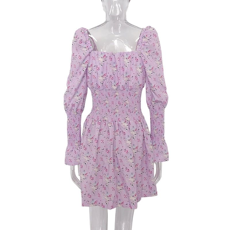 Square Neck Puff Sleeve Smocked Waist Floral Print A-Line Mini Dress 4