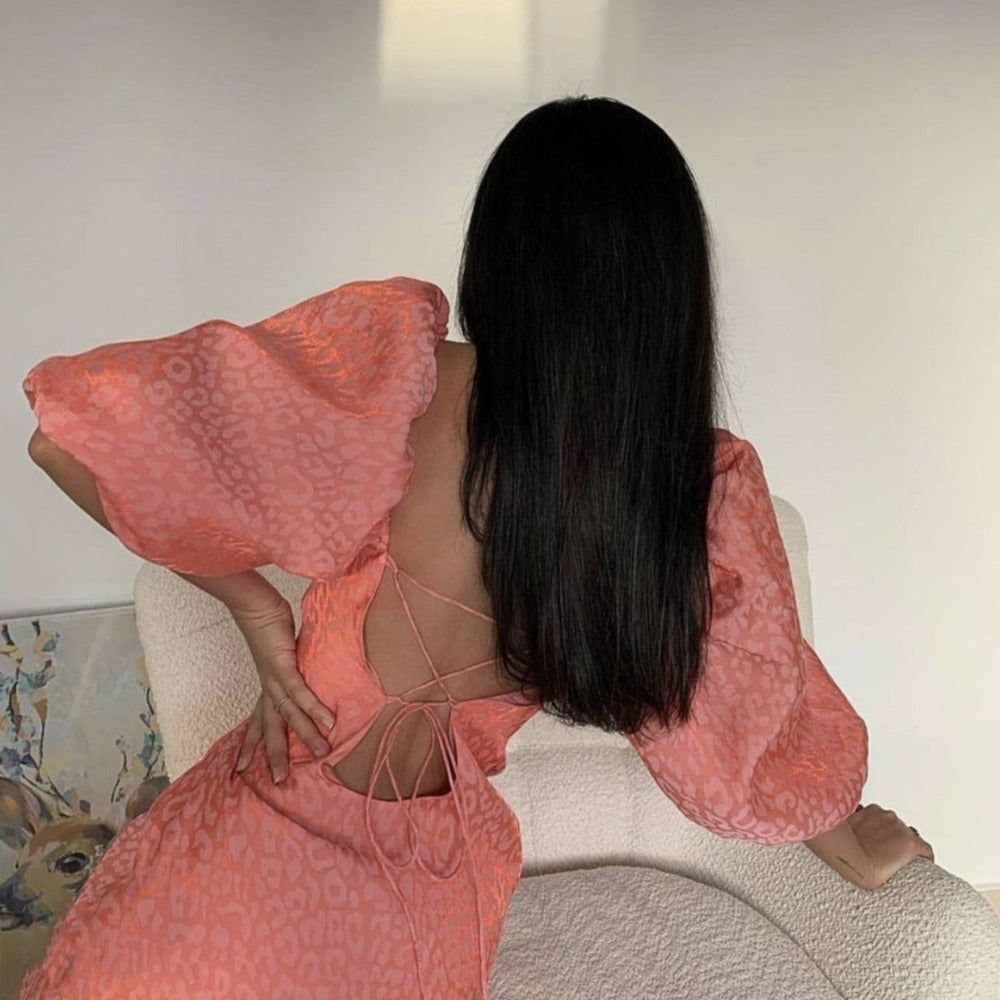Jacquard Puff Sleeve Open Back Crisscross Lace-Up Midi Dress