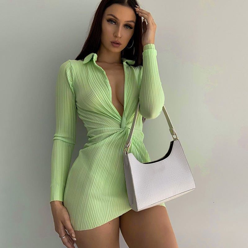 Plunging V-Neck Collar Twist Waist Ribbed Long Sleeve Mini Dress 5