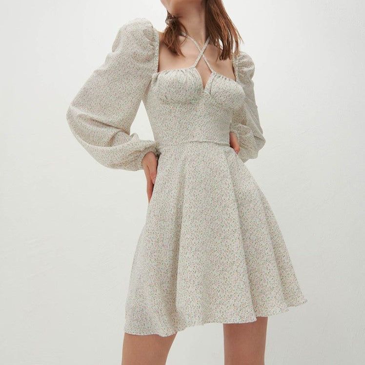 Sweetheart Neck Tie Front Puff Sleeve Floral Print A Line Mini Dress 3