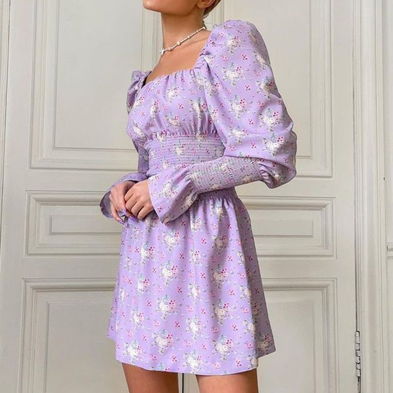 Square Neck Puff Sleeve Smocked Waist Floral Print A-Line Mini Dress 2