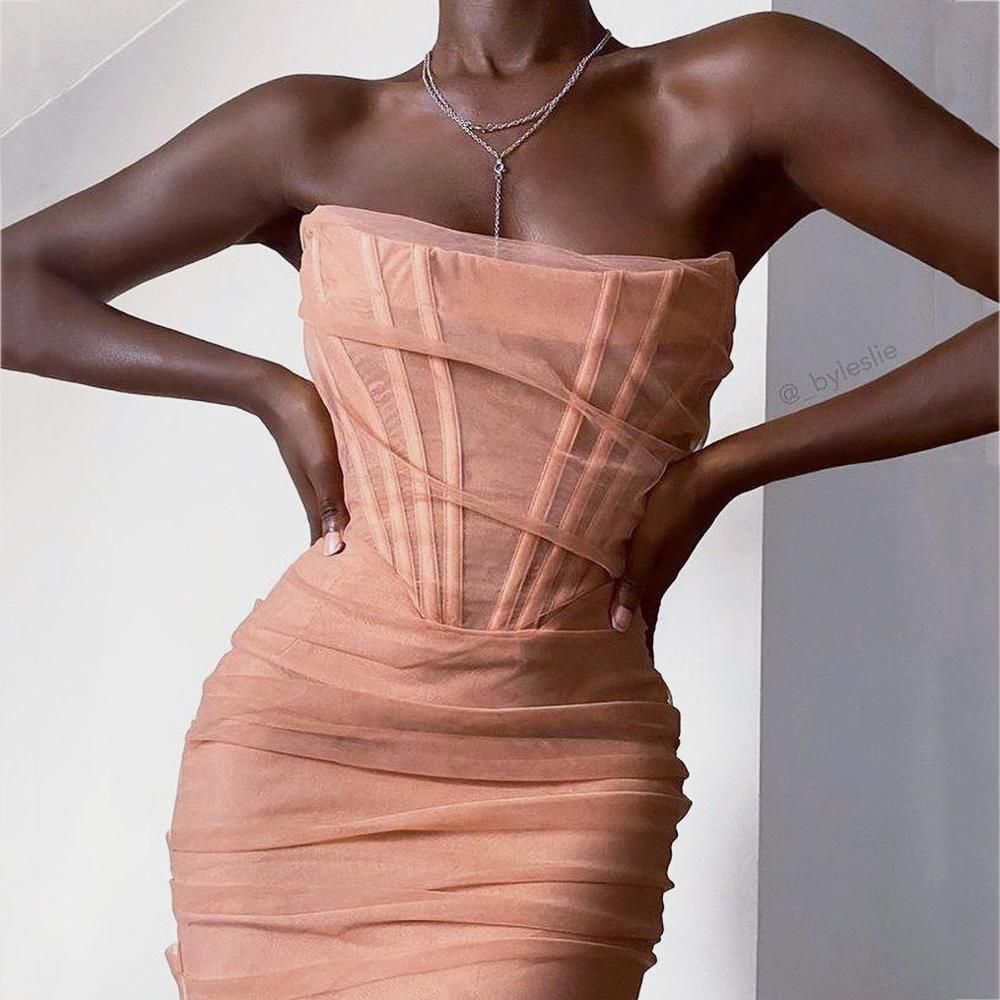 Strapless Corset Mesh Overlay Ruched Tiered Bodycon Midi Dress