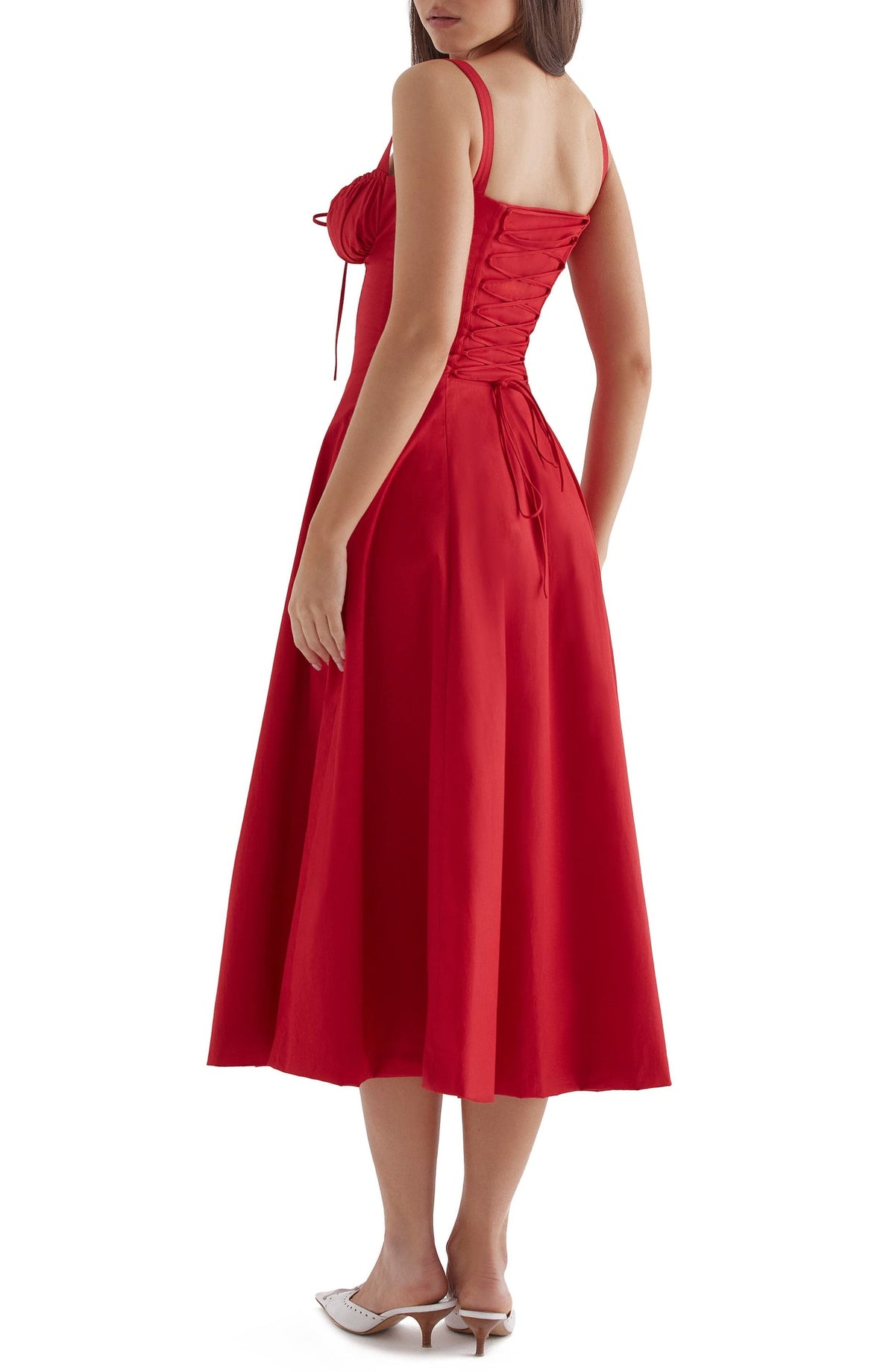 Floral Lace Up Back Spaghetti Strap Corset Fit and Flare Midi Dress 15