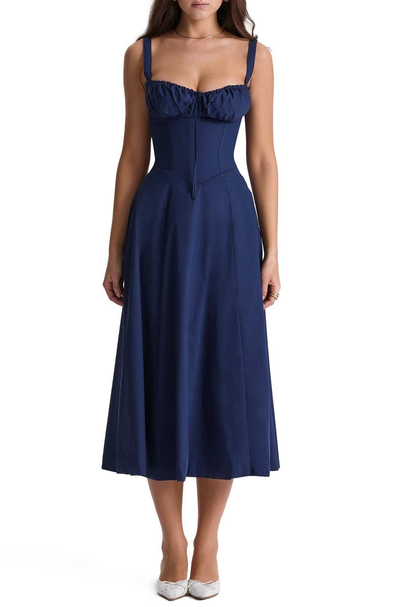 Floral Lace Up Back Spaghetti Strap Corset Fit and Flare Midi Dress 32