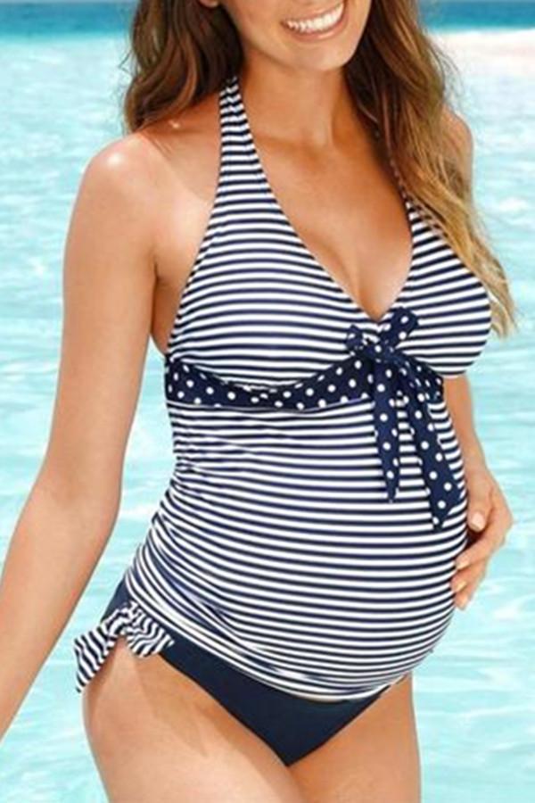 Halter Stripe Print Maternity Swimwear