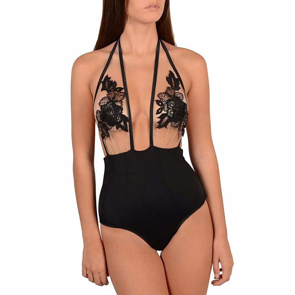 Black Halter Hollow Out Floral Lace-up Sheer Mesh Lace Bathing Suit