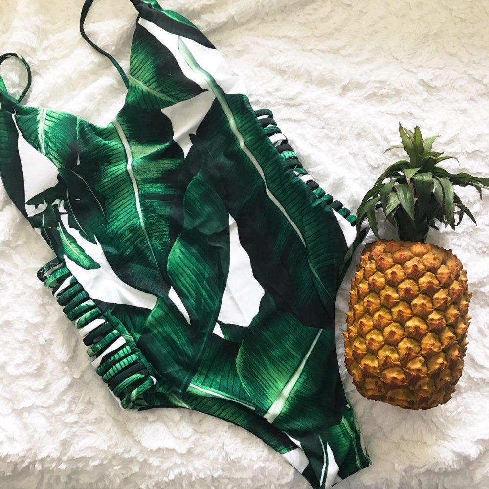 Sexy Leaf Print Hollow Out Bandage Bathing Suit