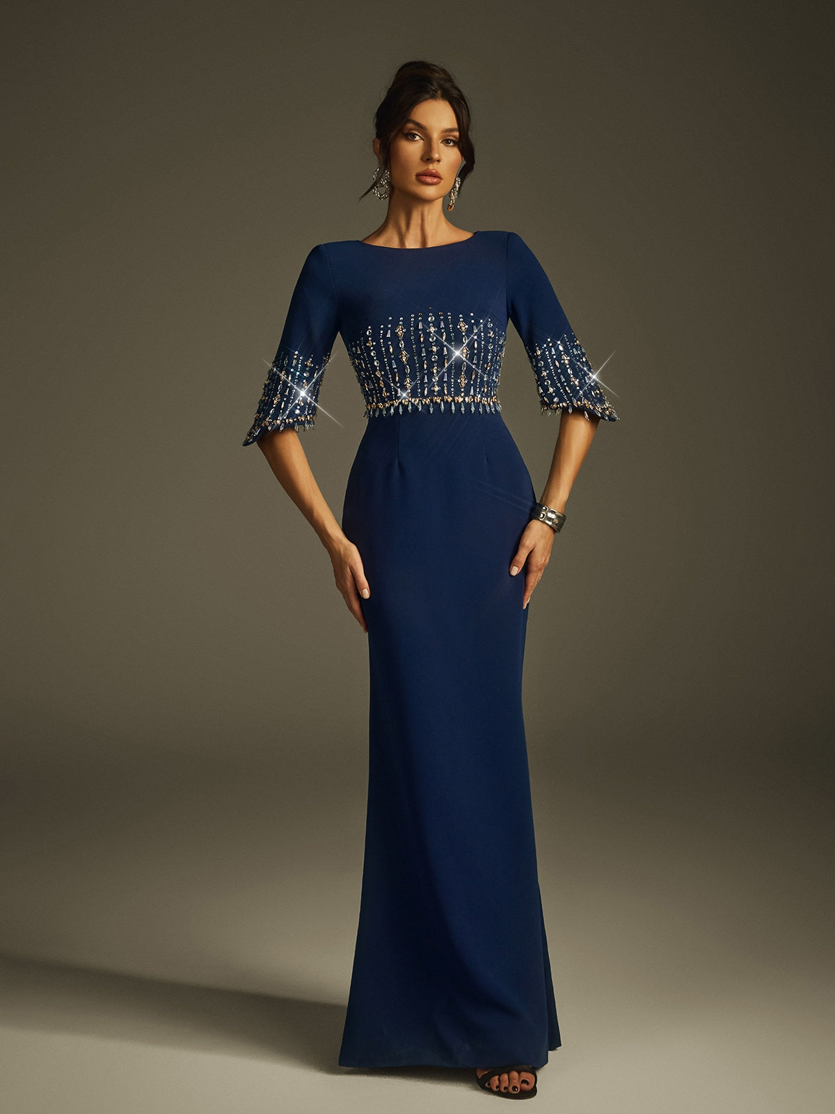 Boat Neck Three Quarter Sleeve Crystal Panel Column Maxi Gown