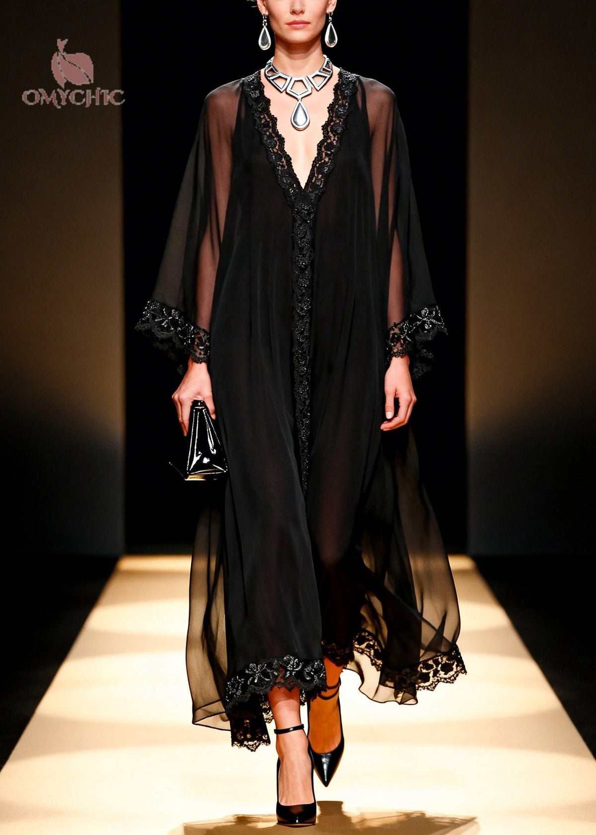 Deep V-Neck Lace Trim Bell Sleeve Sheer Chiffon Maxi Dress
