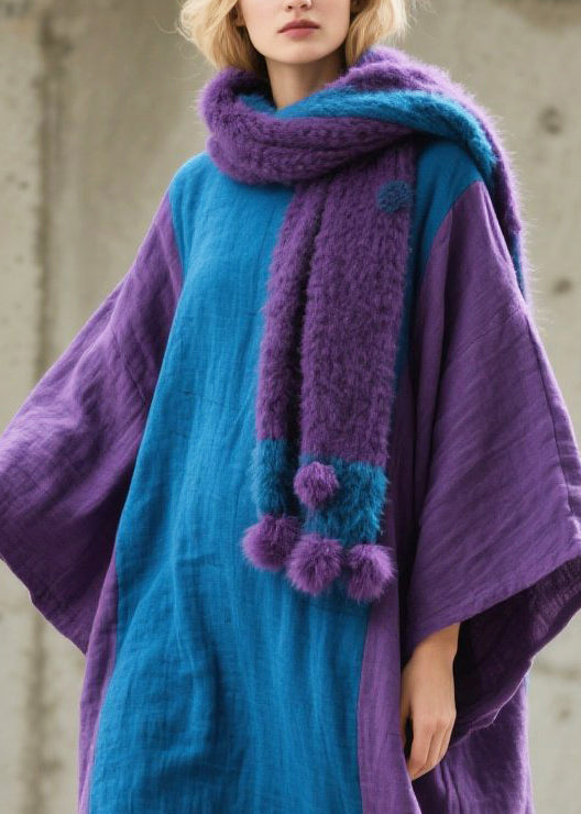 Round Neck Kimono Sleeve Vertical Panel Oversized Linen Maxi Kaftan Dress 2