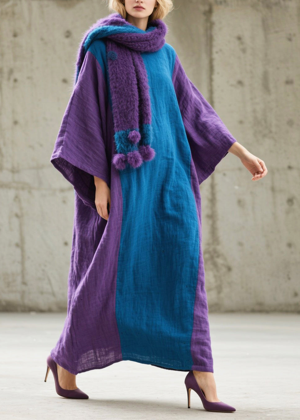 Round Neck Kimono Sleeve Vertical Panel Oversized Linen Maxi Kaftan Dress 3